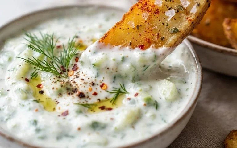Kartoffelspalten mit Gurkendip