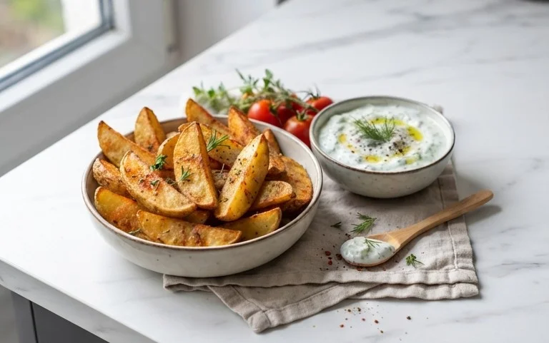 Kartoffelspalten mit Gurkendip