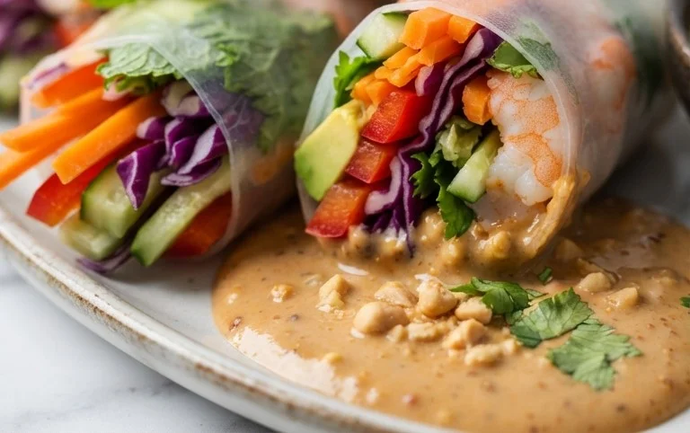Rainbow Spring Rolls with Gin Extractger Peanut Sauce