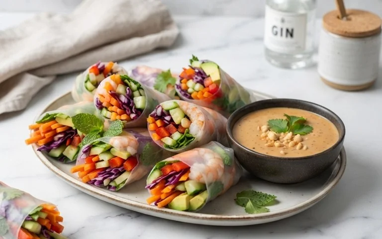 Rainbow Spring Rolls with Gin Extractger Peanut Sauce