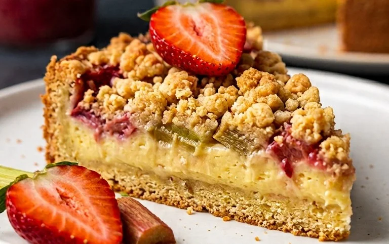 Rhabarberkuchen mit Pudding und Streuseln – wie von Oma