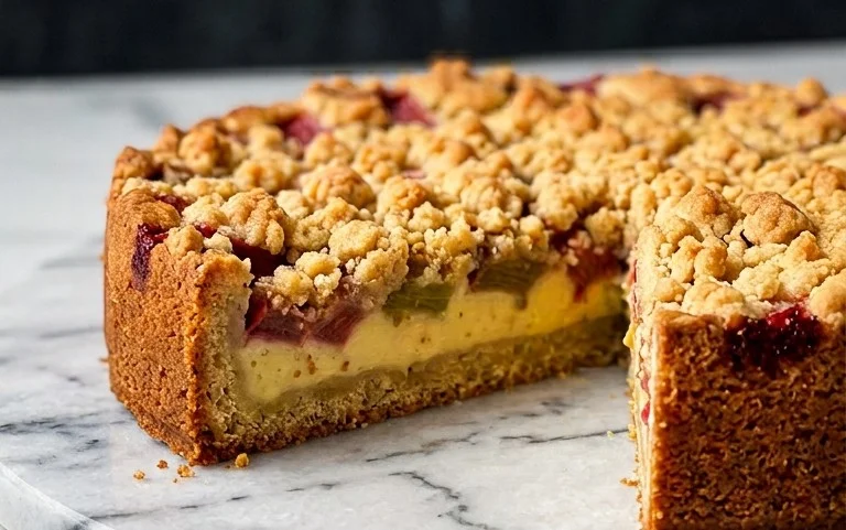 Rhabarberkuchen mit Pudding und Streuseln – wie von Oma