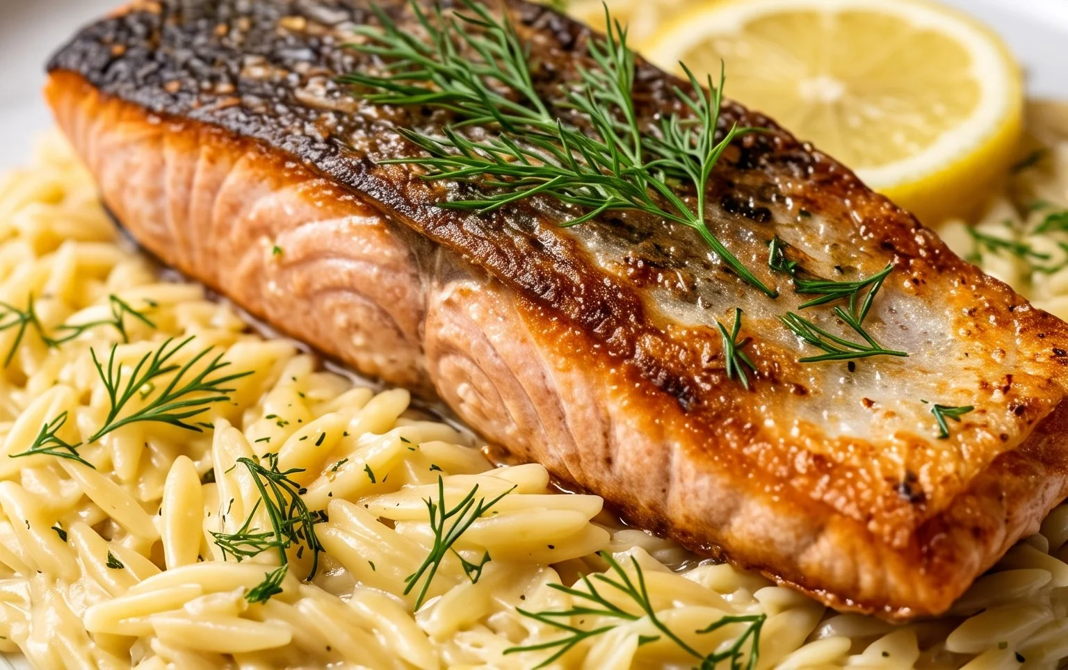 One Skillet Salmon with Lemon Orzo