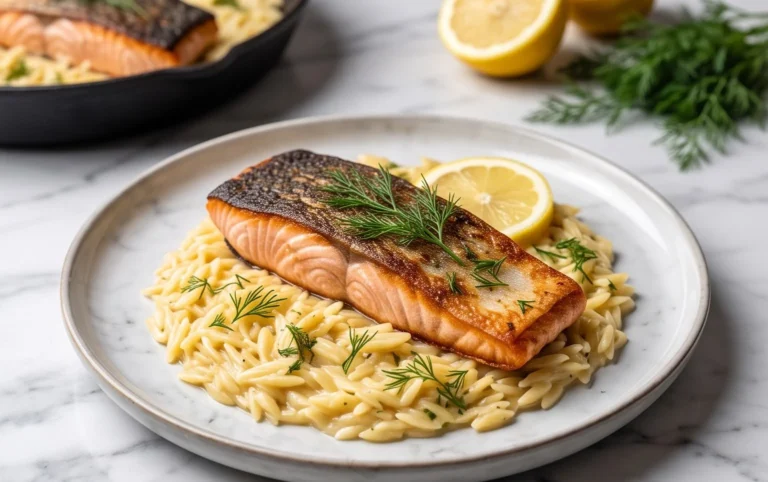One Skillet Salmon with Lemon Orzo