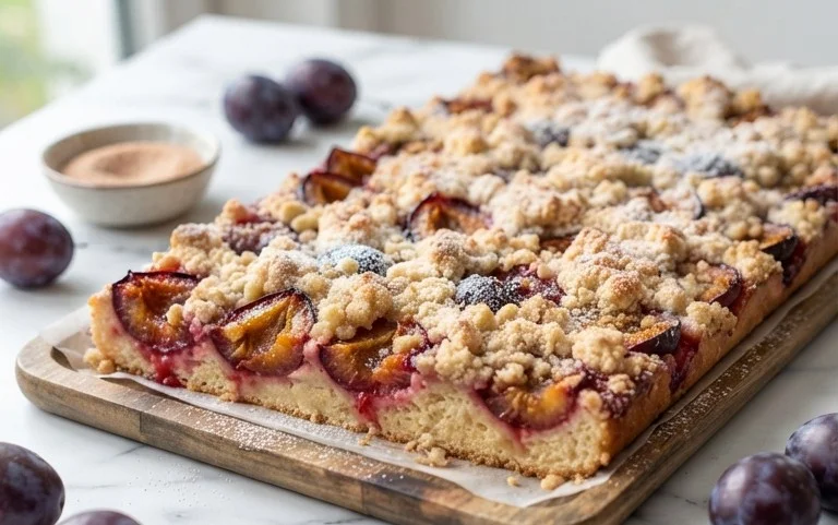 Rezept für Streusel-Pflaumenkuchen vom Blech mit Hefeteig